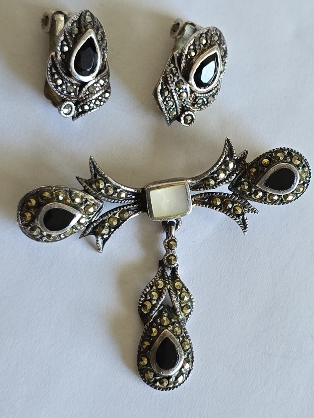 925 Vintage Black Teardrop  Marcasite Brooch and Clip-On Earrings Set